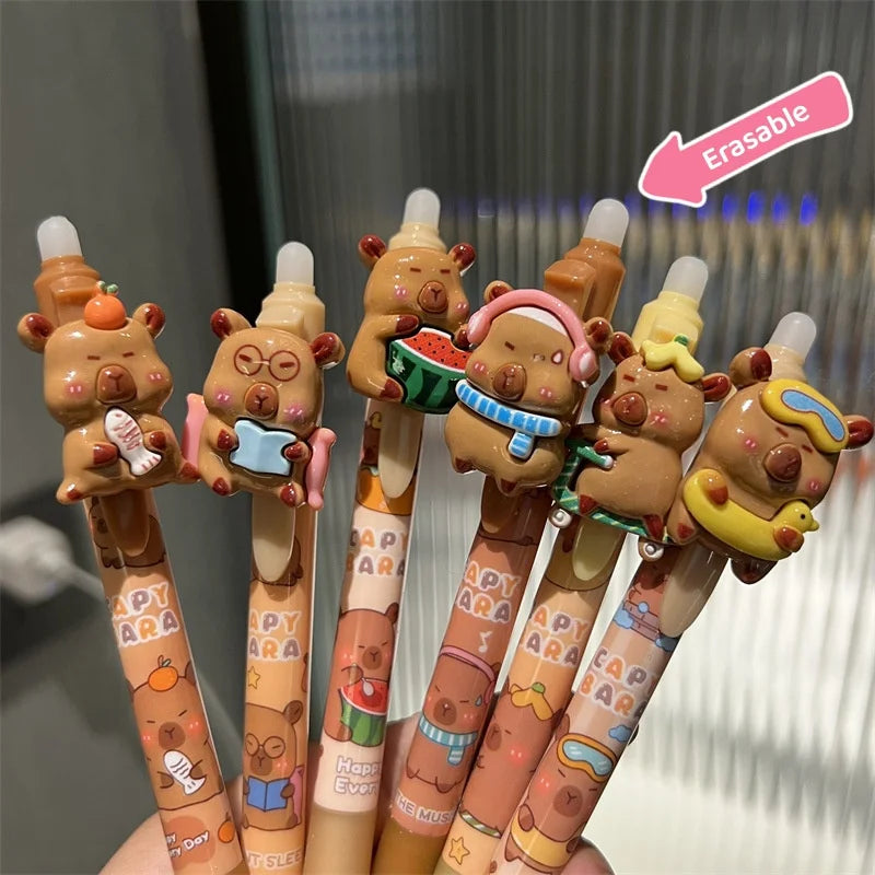 4-Pack Capybara Design Retractable Erasable Gel Pens Suitable for Office Stationery Holiday Gifts Plastic Material Writing Tools Black Ink