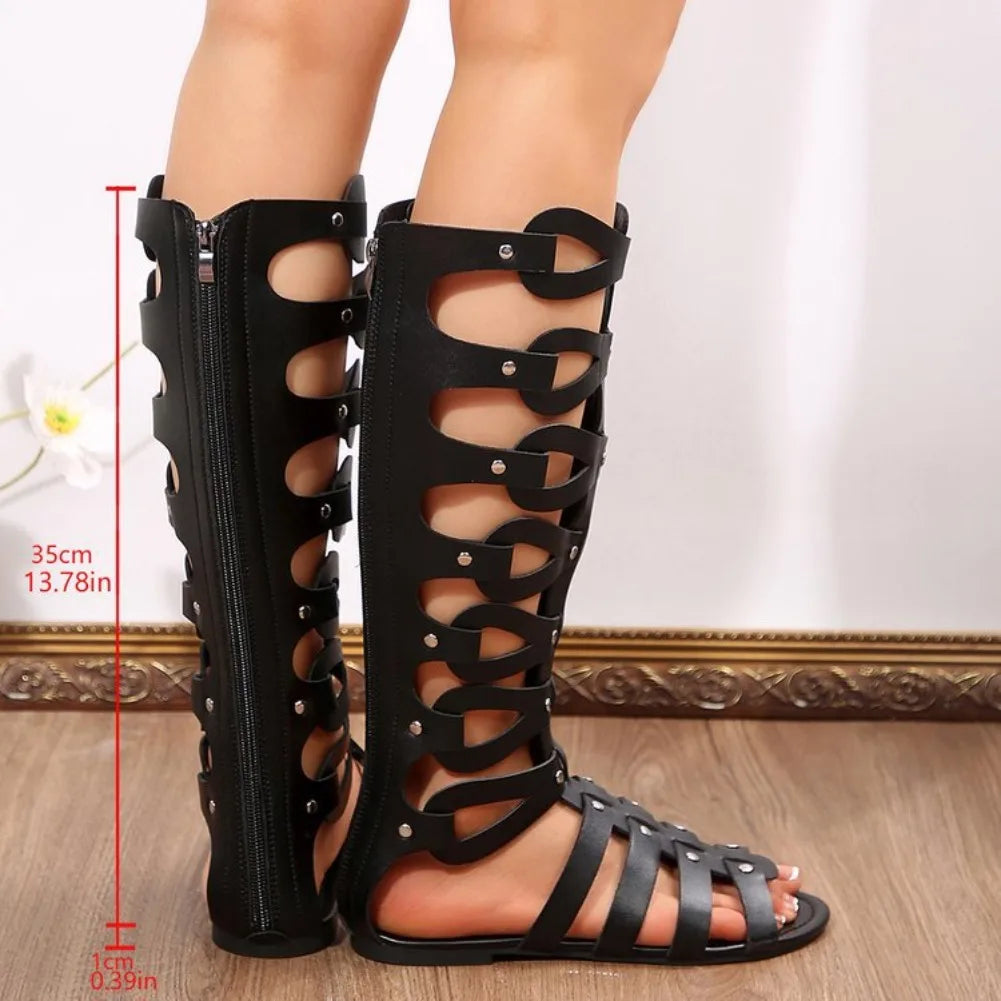 GLADIX - 
Women Summer Cool Boots Sexy Open Toe Cut-out Gladiator Flat Fashion Rome Back Zipper Street Style Sandals Shoes
