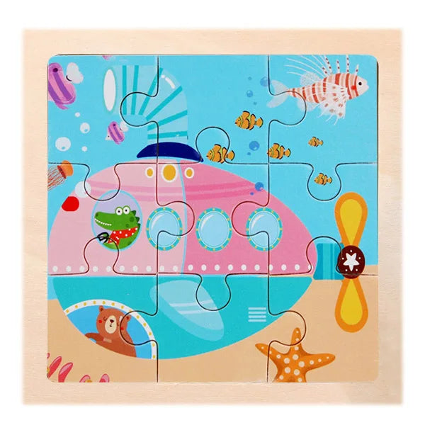 9 Pieces Wooden Puzzle Cartoon Dinosaur Transportation Montessori 3d Puzzle Game Early Learning Educational Toys for Children