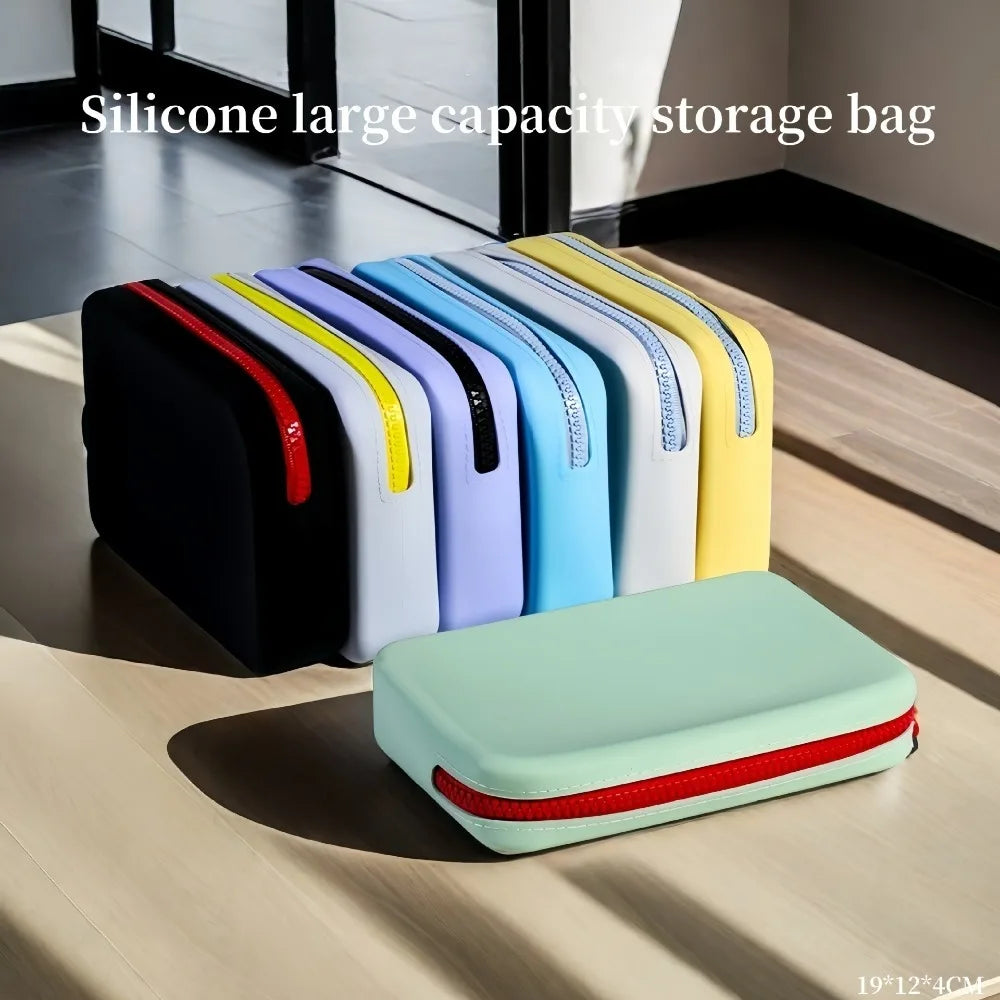AquaSil - Portable Large Capacity Cosmetic Storage Bag with Zipper Silicone Storage Bags Outdoor Waterproof Square Makeup Pouch