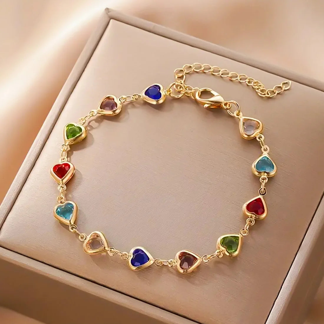 RAINELLA - 
Rainbow Crystal Heart Charm Anklets For Women Adjustable Gold Silver Color Link Chains Foot Ankle Bracelet Jewelry Accessories