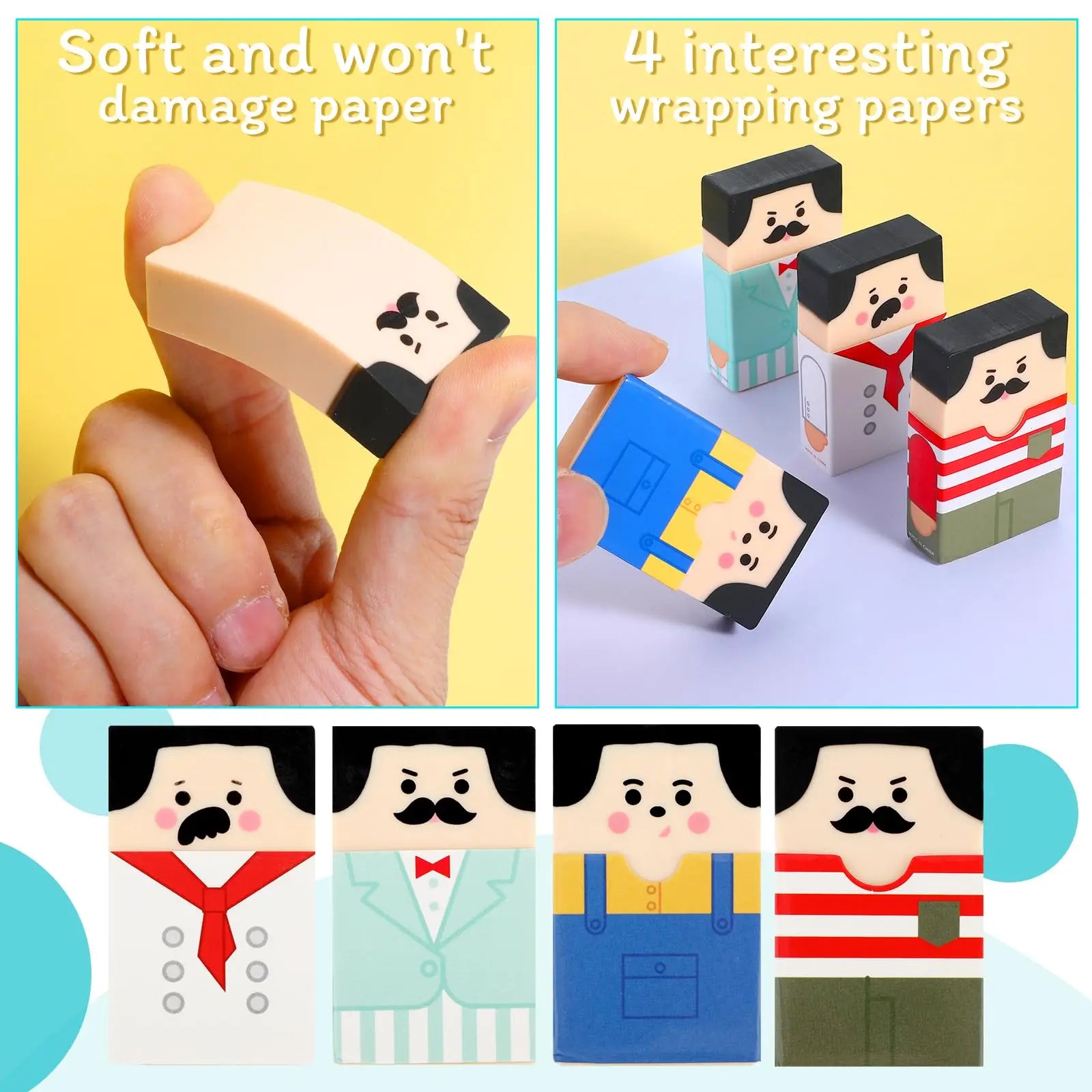 Monking 1/4Pcs Fun Balding Uncle Erasers Pencil Erasers for Kids Students Office School Supplies Art Stationary