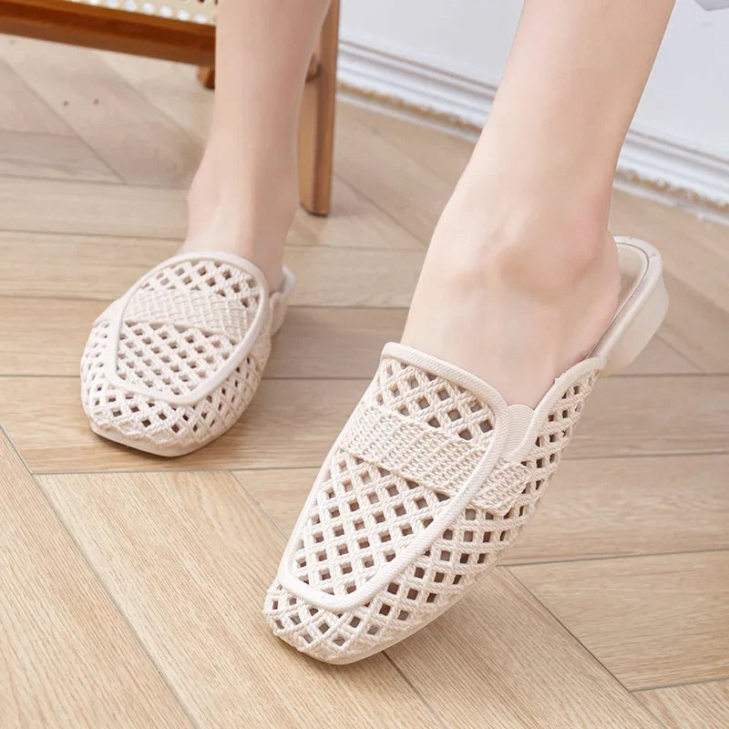 HALOVA - 
2025 New Women's Flat Sandals Open-Toe Summer Fashionable Half Slippers Solid Color Casual Hollow out Flat Bottom Shoes