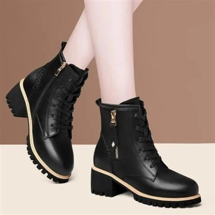 Chunky Sole -  Ankle Boots     Lace-Up & Side-Zip Combat Boots Winter Fleece-Lined Booties Versatile Leather Boots Platfo
