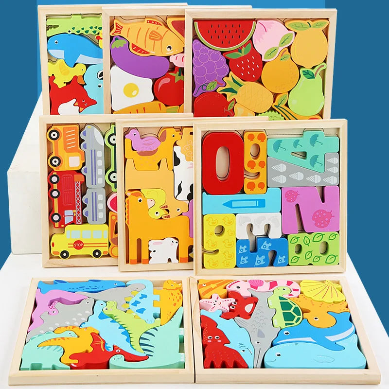 Children Montessori Wooden Toys Block Cartoon Animal Three-dimensional Jigsaw Puzzle Early Education Grab Board  3d Puzzle Toys