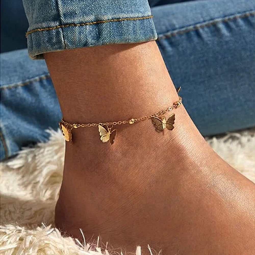 SeaButterfly - 1-3pcs Simple Metal Chain Butterfly Pendant Anklet for Women Adjustable Layered Vintage Minimalist Beach Anklet Set Foot Jewelry
