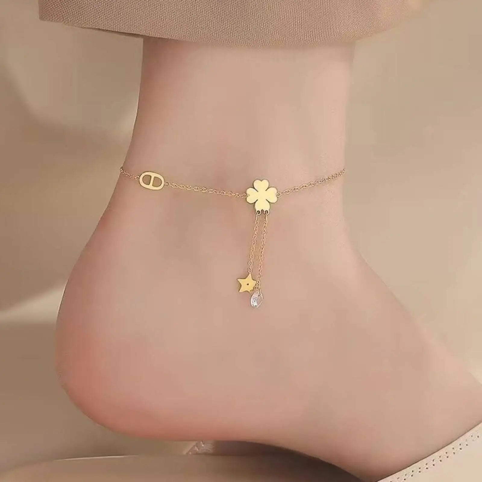 Charmora - Lucky Four Leaf Clover Pig Nose Ankle for Women Girls Gifts Gold Color Foot Chain Stainless Steel Jewelry Accessories