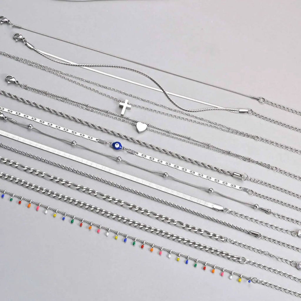 STÉLIA - 
Silver Color Anklet Bracelets for Women Waterproof, Stainless Steel Layered Cuban Chain Herringbone Anklets Summer Beach Gift