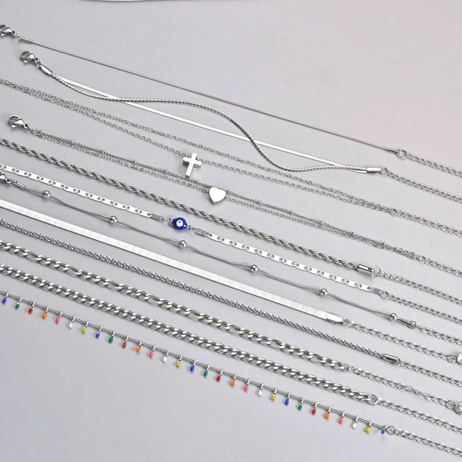 STÉLIA - 
Silver Color Anklet Bracelets for Women Waterproof, Stainless Steel Layered Cuban Chain Herringbone Anklets Summer Beach Gift