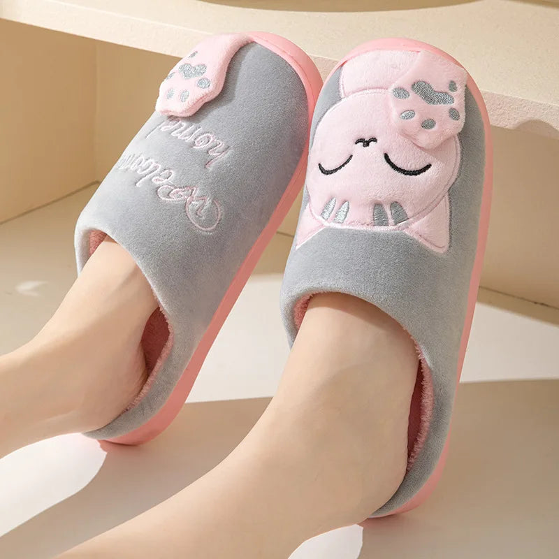 MeowSoft - Winter Warm Fur Slippers Cartoon Cat Non-Slip Women and Men Soft House Indoor Home Bedroom Boys Girl Memory Foam Floor Shoes