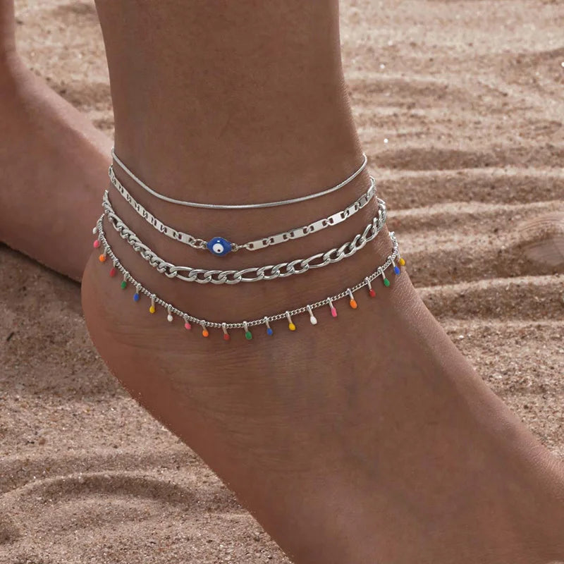 STÉLIA - 
Silver Color Anklet Bracelets for Women Waterproof, Stainless Steel Layered Cuban Chain Herringbone Anklets Summer Beach Gift