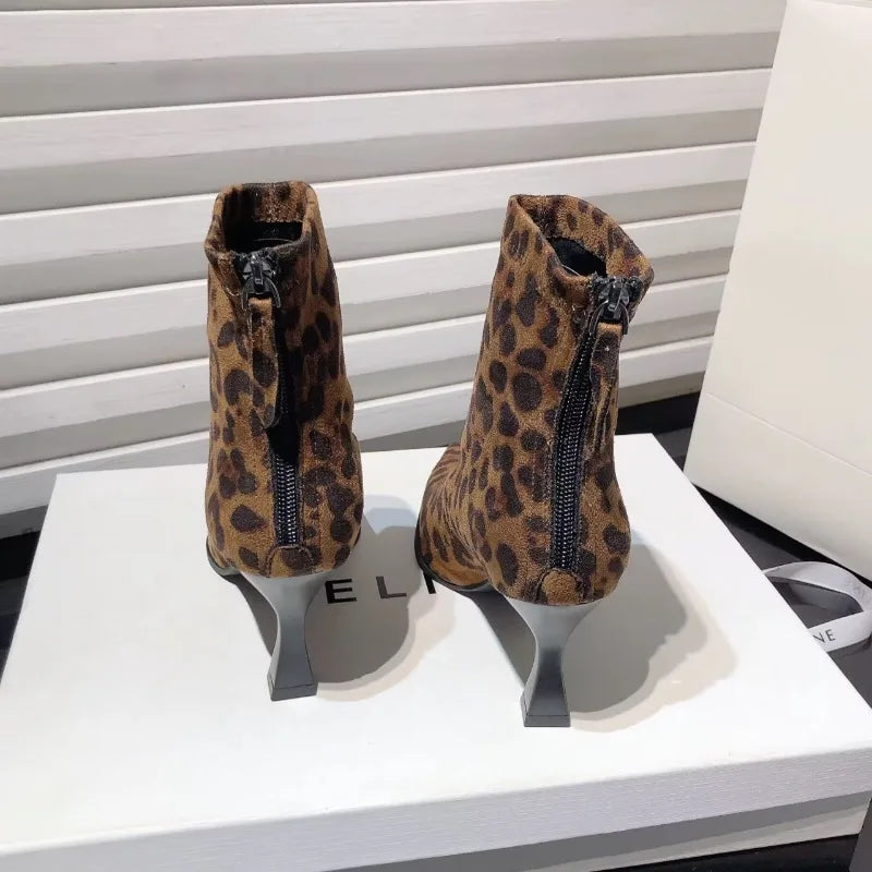 Wildura - Autumn Women's High Heel Leopard Print Ankle Boots New Winter Pointed Head Thin Heel Chelsea Boots for Shoes Dress D503