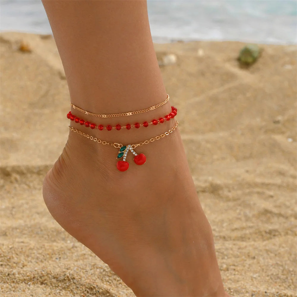 CherrySole - Cute Cherry Pendant Red Rice Beads Anklets For Women Charm Gold Color Foot Chain Ankle Bracelet Beach Jewelry Summer Accessories