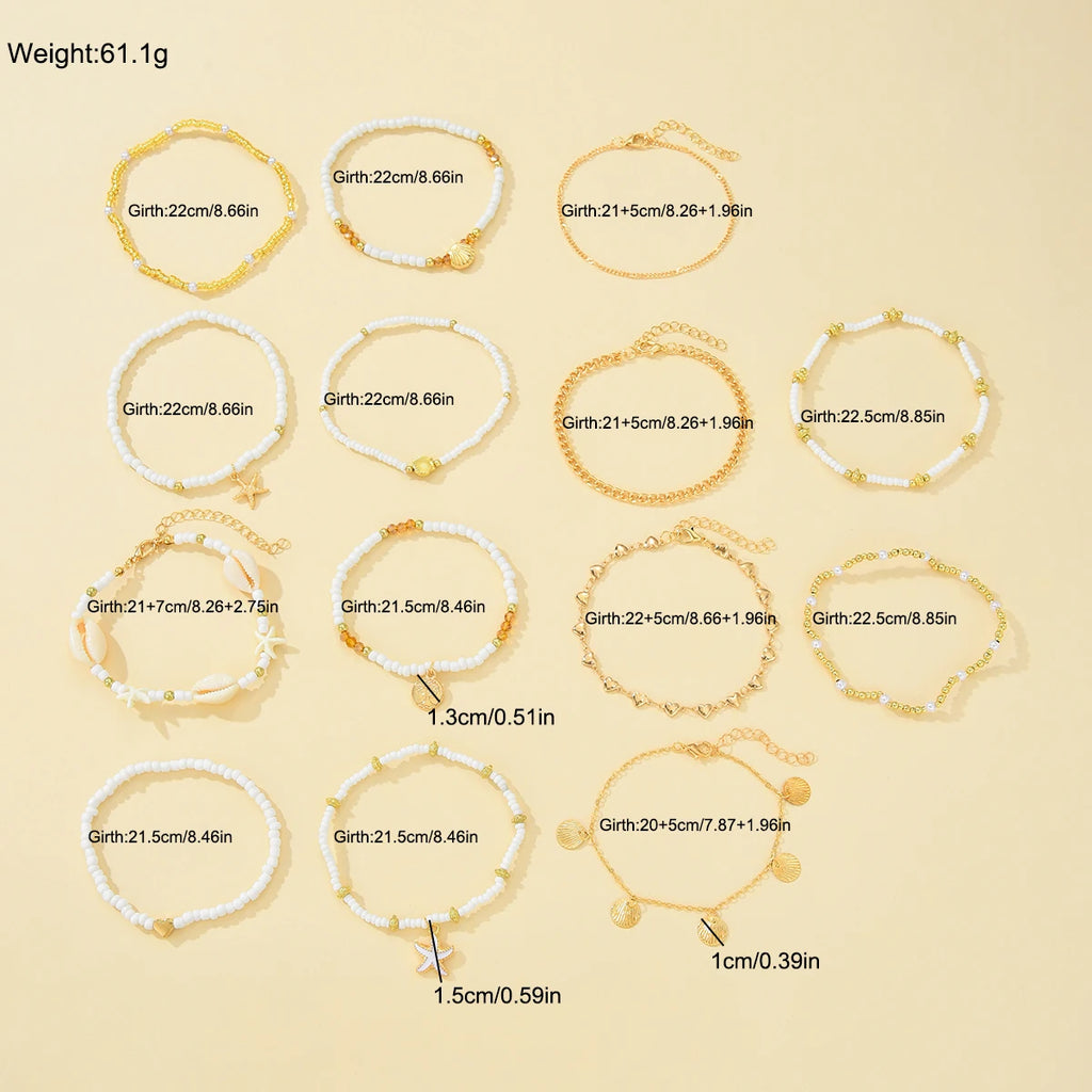 SHELLA - 
14Pcs/Set Bohemian Rice Beads Starfish Shell Anklet Sets for Women Retro Gold Color Multilayer Foot Chain Vacation Jewelry Gifts