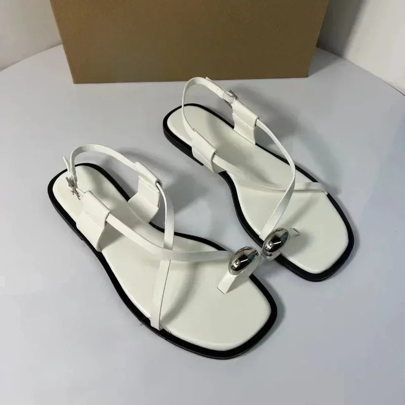 CALYSSA - 2025 Summer Flat Sandals for Woman Fashion Metal Decoration Ladies Footwear Breathable Cross Strap Casual Clip Toe Beach Shoes