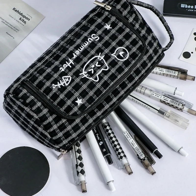 Cute Cat Mewo Plaid Handheld Pencil Case Large Capacity Durable Stationery Bag for School Office F7920