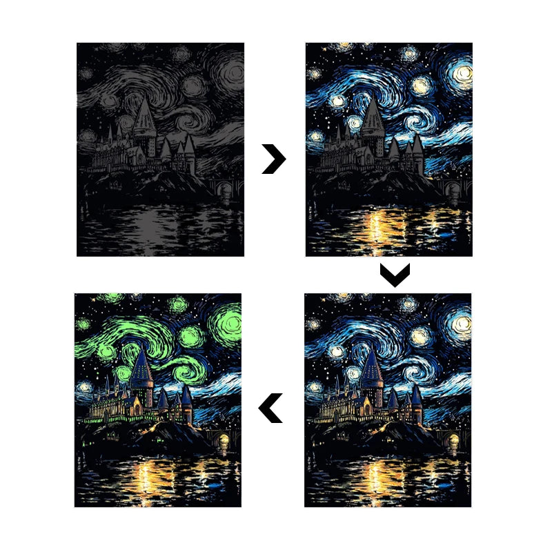 4PCS Glow in Dark Scratch Paper Animals Cards Magic Painting Art with Stylus Stress Relief Drawing Toy DIY Craft Kids Adult Gift