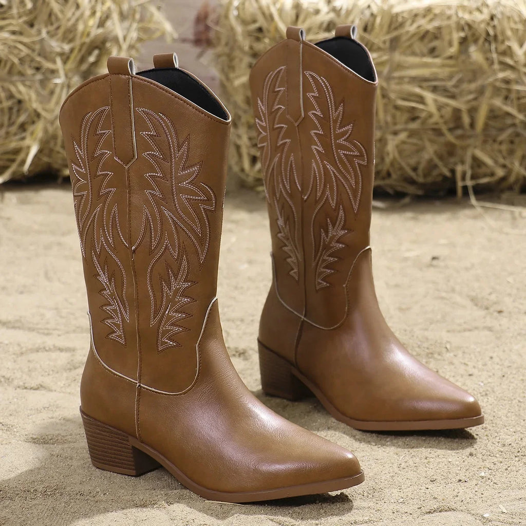 Cowbella - Women's Western Cowboy Knight Boots Large Size Long Tube Pointed Toe Square Heel Retro Style Winter Rubber Sole Shoes