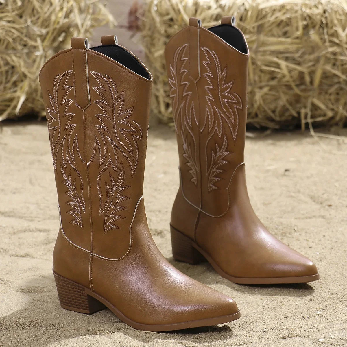 Cowbella - Women's Western Cowboy Knight Boots Large Size Long Tube Pointed Toe Square Heel Retro Style Winter Rubber Sole Shoes