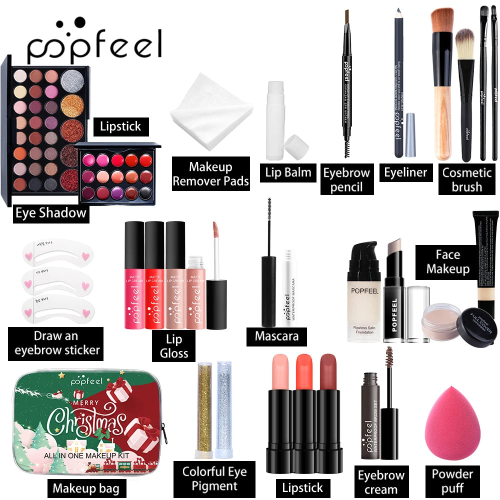 Glimora - POPFEEL Christmas Makeup Set - Complete Collection of Eyeshadow, Foundation, Lipstick for Holiday Celebrations and Everyday Glam