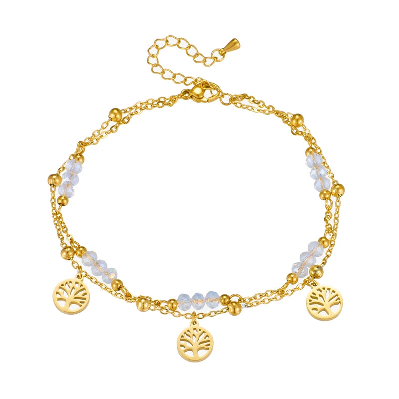 Dorelle - 
DIEYURO 316L Stainless Steel Gold Color Double Layer Tree Charm Anklets For Women Girl New Trend Leg Chain Waterproof Jewelry