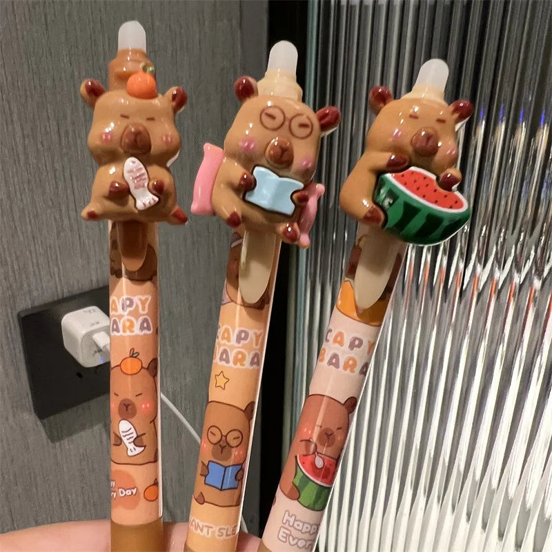 4-Pack Capybara Design Retractable Erasable Gel Pens Suitable for Office Stationery Holiday Gifts Plastic Material Writing Tools Black Ink