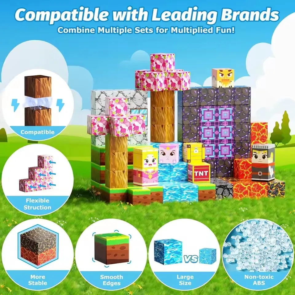 32-212PCS Magnetic Blocks-Build Mine Magnet World Set for Boys & Girls Age 3+, Sensory Toys for Toddlers Gifts Construction Toys