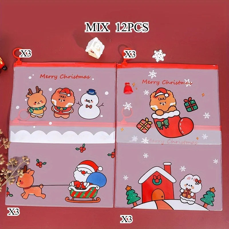 4/12/36pcs Christmas Ring Zip File Bag Transparent Stationery Organizer for Students Multifunctional Pencil Pouch Organizer