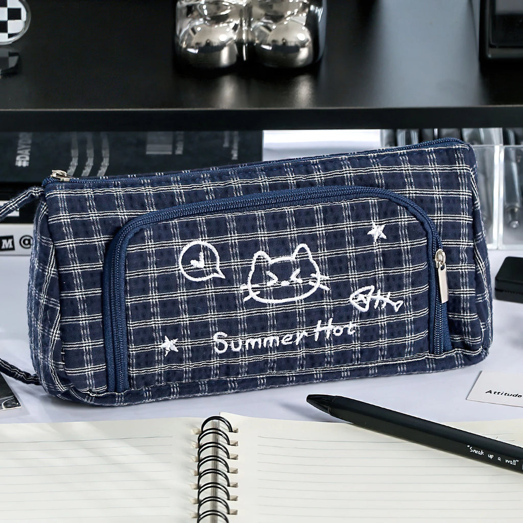 Cute Cat Mewo Plaid Handheld Pencil Case Large Capacity Durable Stationery Bag for School Office F7920
