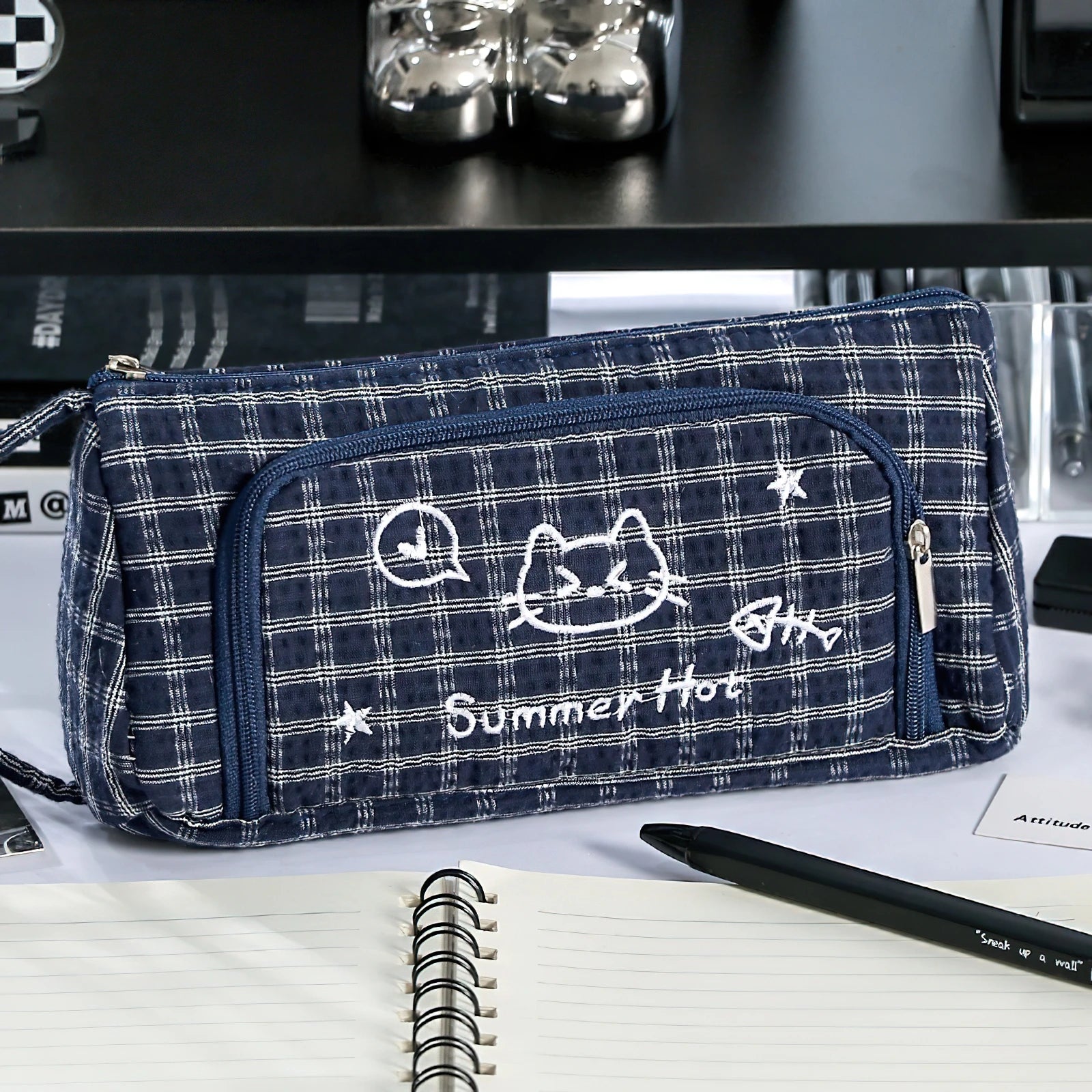 Cute Cat Mewo Plaid Handheld Pencil Case Large Capacity Durable Stationery Bag for School Office F7920