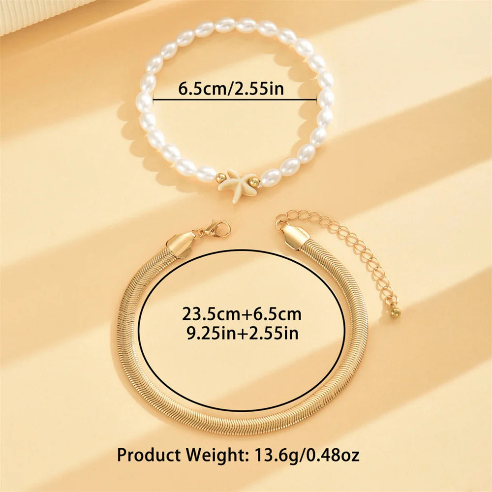 ONYXIA - 
Snake Bone Foot Chain Simulated Pearl Starfish Anklets For Women Trendy Gold Color Ankle Bracelet Beach Jewelry Summer Accessory