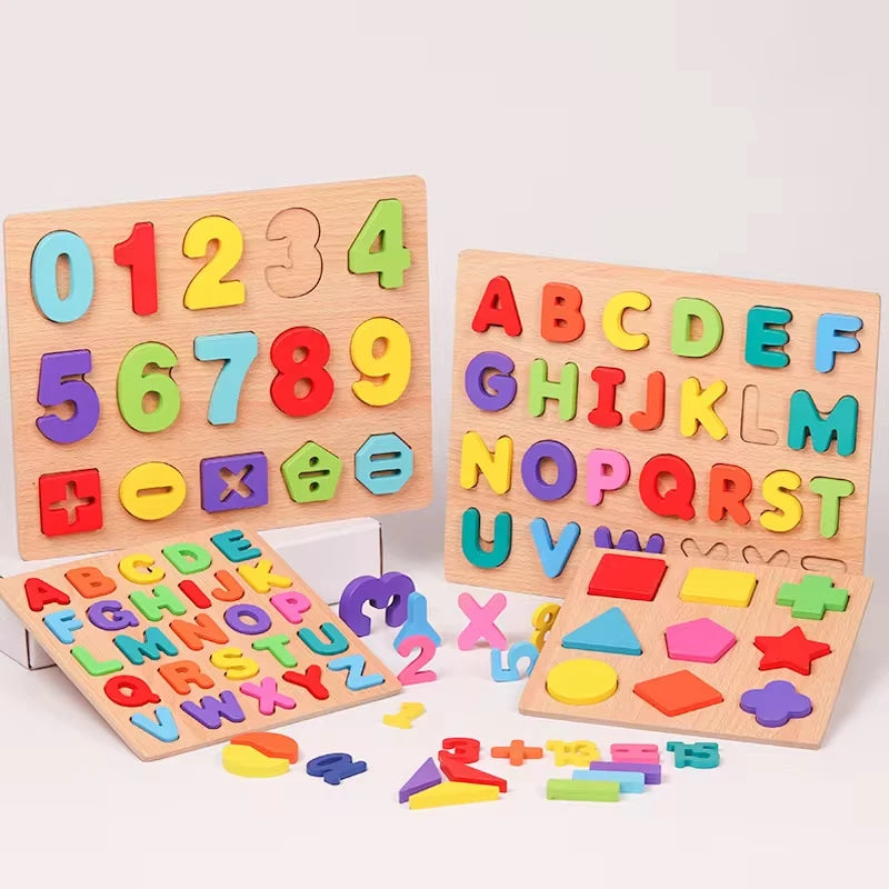 Toddlers Wooden Puzzle Montessori Baby Toys ABC Alphabet Number Shape Matching Board Game Preschool Educational Toy for Kids 2-4