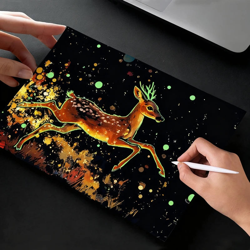 4PCS Glow in Dark Scratch Paper Animals Cards Magic Painting Art with Stylus Stress Relief Drawing Toy DIY Craft Kids Adult Gift