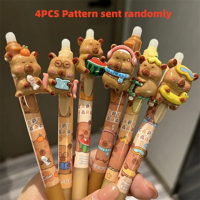 4-Pack Capybara Design Retractable Erasable Gel Pens Suitable for Office Stationery Holiday Gifts Plastic Material Writing Tools Black Ink