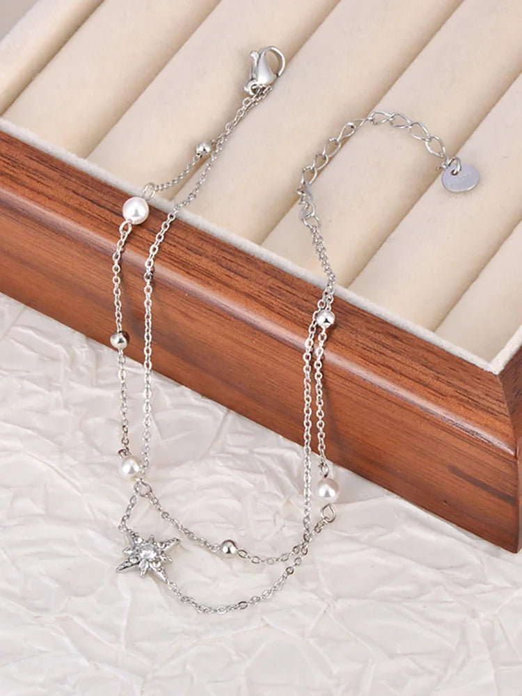 Bohera- 
Lokaer Boho Double Layer White Pearl Chain Link Anklet For Women 316L Stainless Steel CZ Crystal Star Jewelry Ножные цепи A24018
