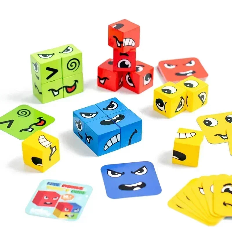 Kids Face Change Expression Puzzle Building Blocks Montessori Cube Table Game Toy Wooden Educational Toys for Children Gifts