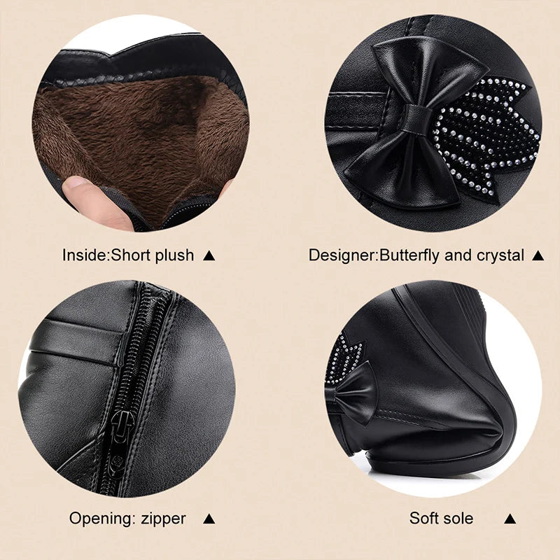 Fashion Winter  - Women Ankle Boots PU Leather Female Thick Plush Warm Snow Boots Mother Waterproof Non-slip Booties Luxury