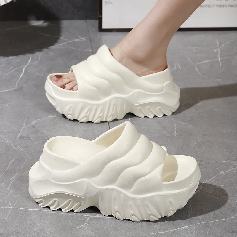 HighTide - New high heel 9 cm platform slipper women summer height increasing shoes girl new chunky sole slides woman wavy pattern slippers