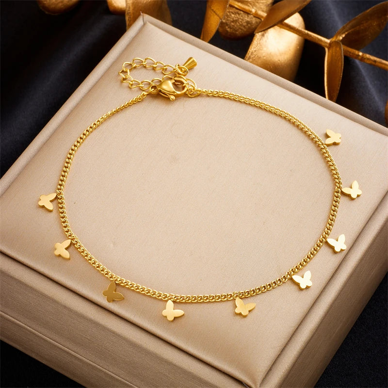 BUTTERA - 
DIEYURO 316L Stainless Steel Gold Color Butterfly Anklets For Women Girl New Trend Leg Chain Non-fading Jewelry Gift Party