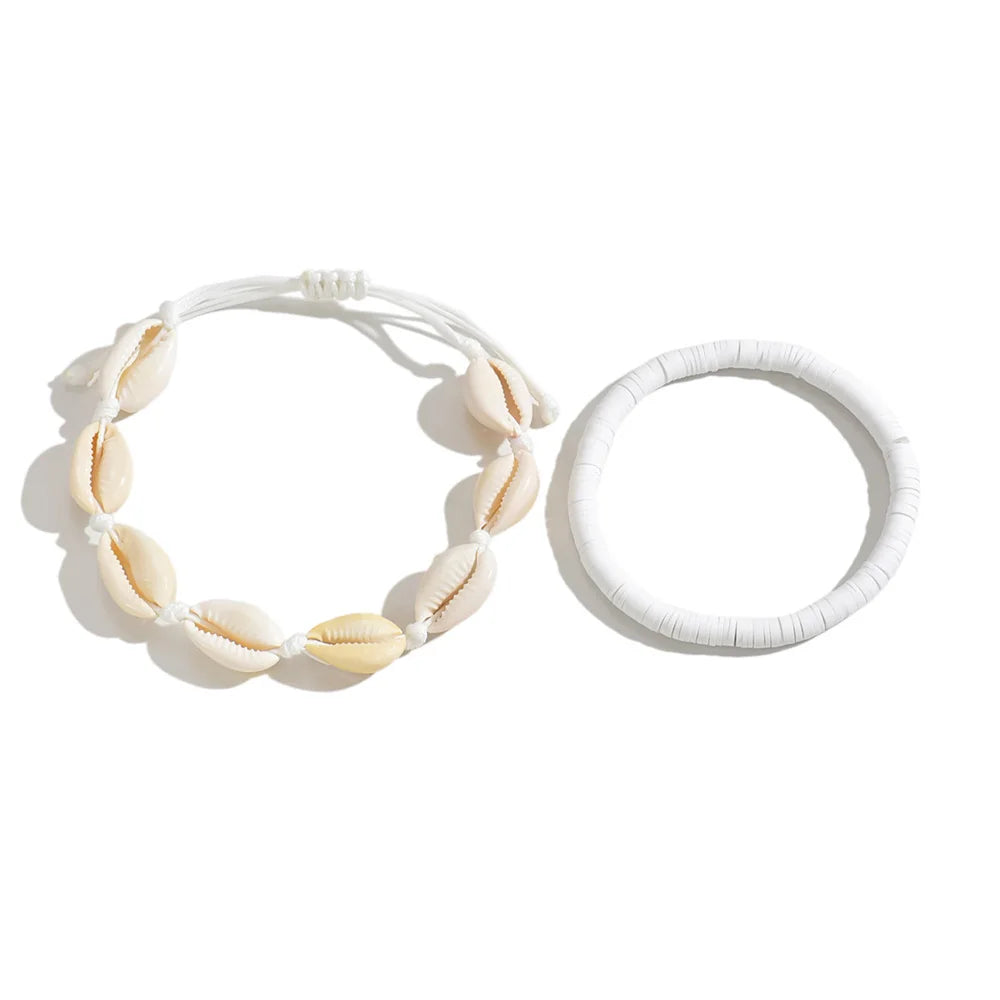 ShellMuse - 2pcs/Set Creative Ocean Animal Conch Shell Anklets For Women White Foot Chains Beach Jewelry Ankle Bracelet Summer Accessories