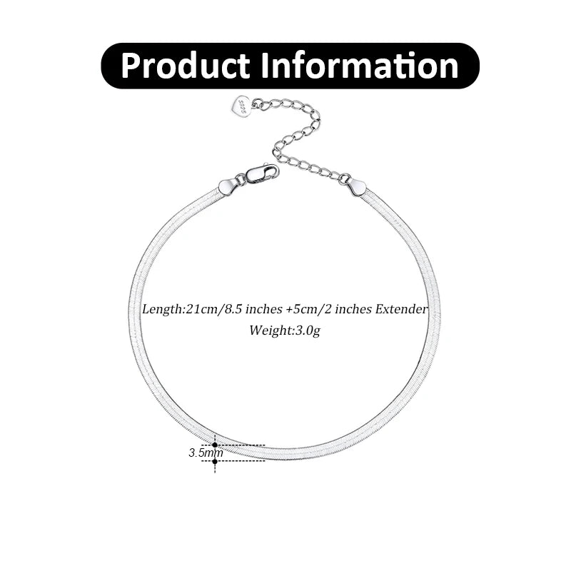 Venara - 
KISS MANDY 925 Sterling Silver 3.5mm Punk Herringbone Blade Chain Anklet for Women Flat Snake Chain Foot Barefoot Anklets SA12