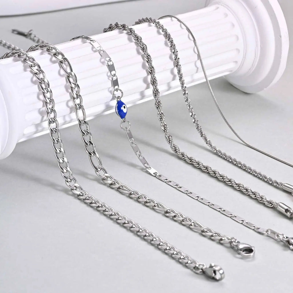 STÉLIA - 
Silver Color Anklet Bracelets for Women Waterproof, Stainless Steel Layered Cuban Chain Herringbone Anklets Summer Beach Gift