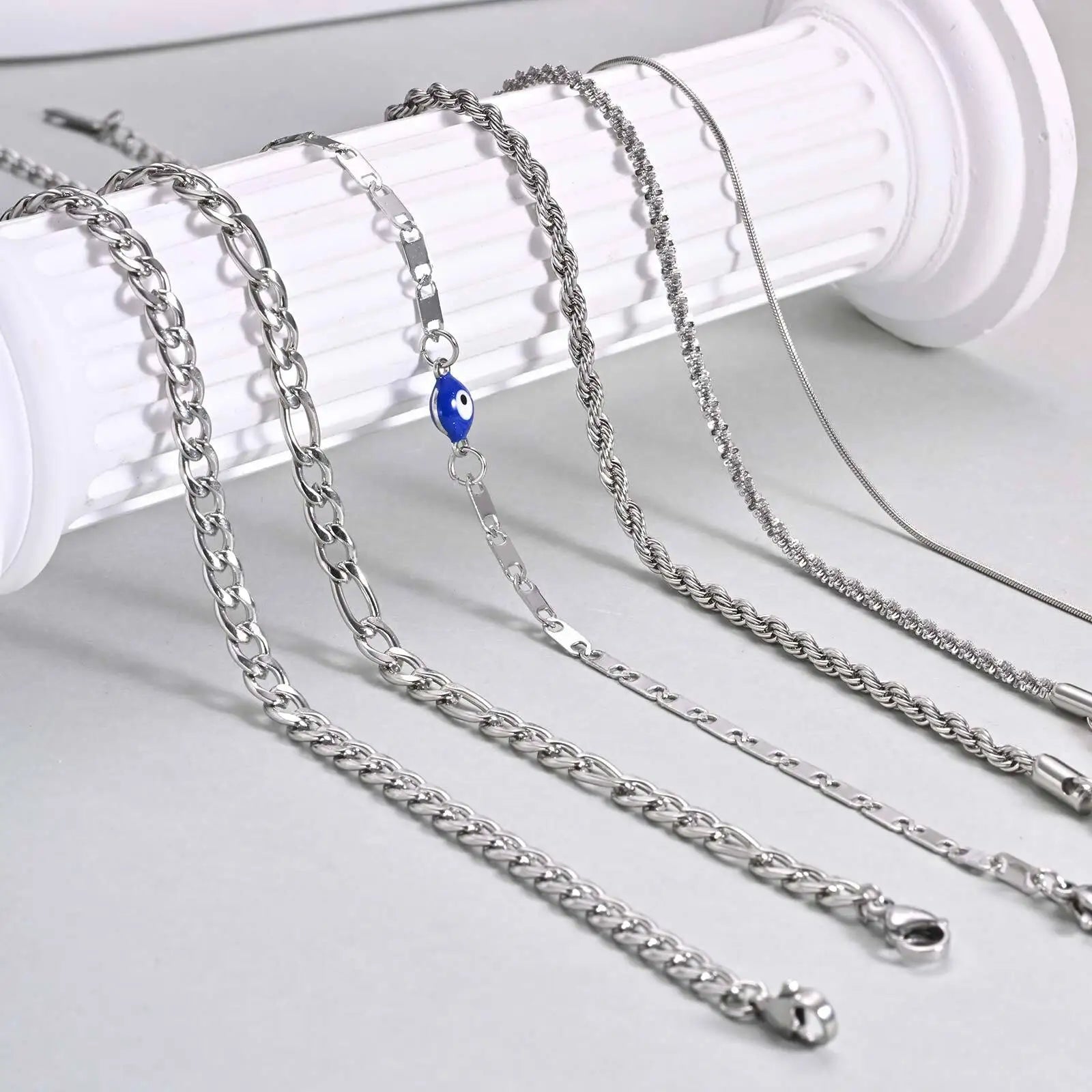 STÉLIA - 
Silver Color Anklet Bracelets for Women Waterproof, Stainless Steel Layered Cuban Chain Herringbone Anklets Summer Beach Gift