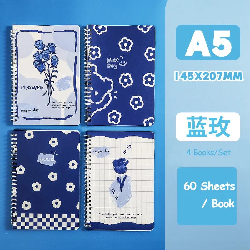 4 Books/Set A5 Coil Lined Notebook High Quality Kawaii Korean Stationery Cute School Supplies for Students