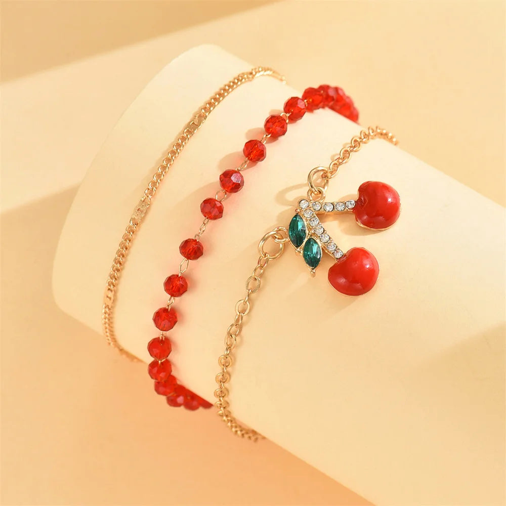 CherrySole - Cute Cherry Pendant Red Rice Beads Anklets For Women Charm Gold Color Foot Chain Ankle Bracelet Beach Jewelry Summer Accessories