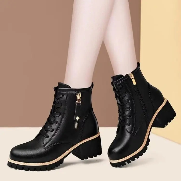 Chunky Sole -  Ankle Boots     Lace-Up & Side-Zip Combat Boots Winter Fleece-Lined Booties Versatile Leather Boots Platfo