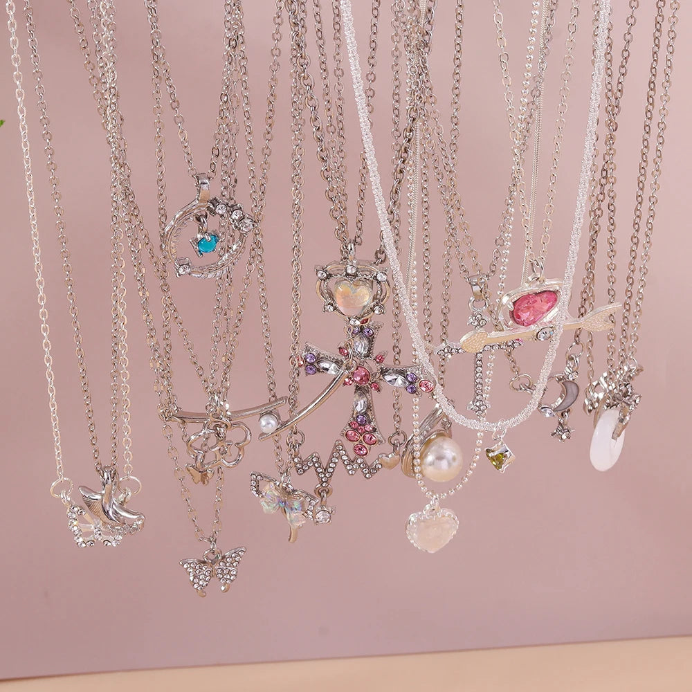 Aurivelle - Y2K Crystal Butterfly Heart Necklace Fashion Kpop Shiny Clavicle Chain Necklaces for Women Girls New Trend Party Gifts Jewelry