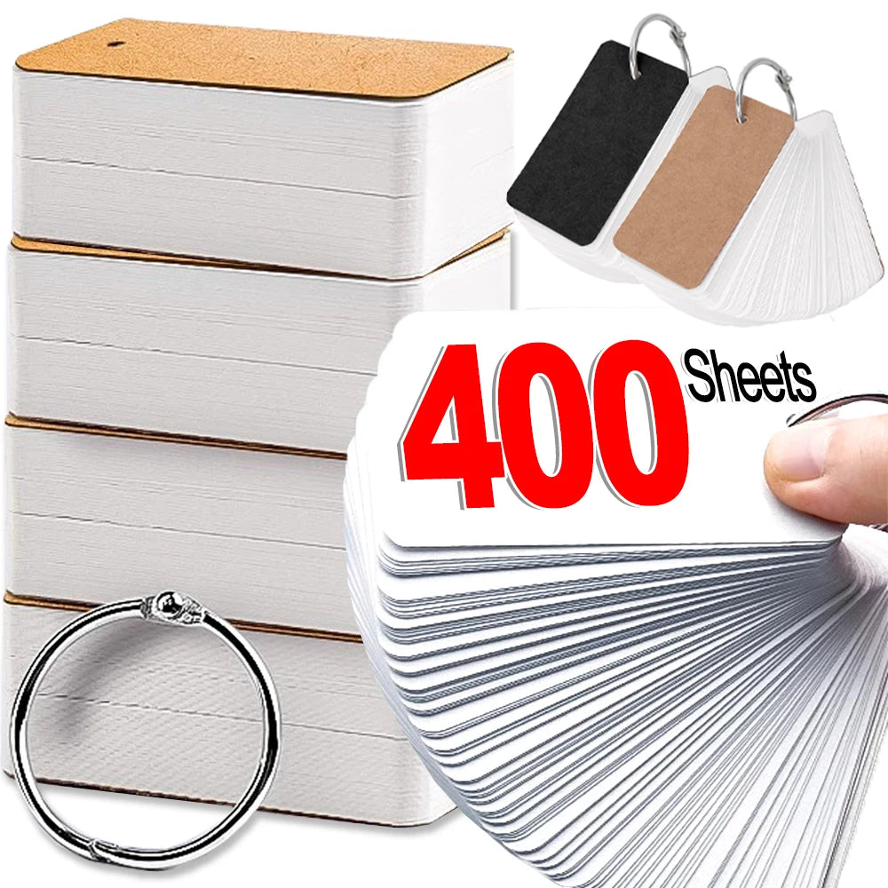 400/100Sheets Blank Flash Cards with Rings Study Note Memo Pad Kraft Paper with Binder Ring for Office School Student Supplies
