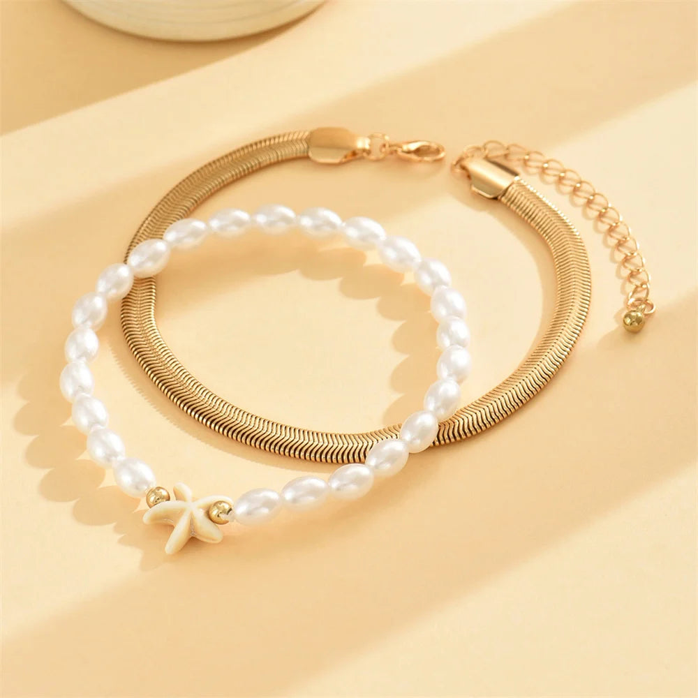ONYXIA - 
Snake Bone Foot Chain Simulated Pearl Starfish Anklets For Women Trendy Gold Color Ankle Bracelet Beach Jewelry Summer Accessory