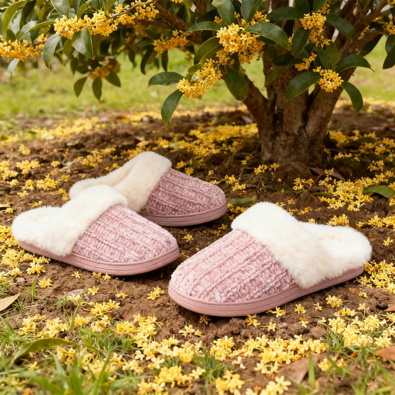 Pallene Fuzzy -  Winter Slippers For Men Women Casual Memory Foam Knit Flat Slides Cozy Plush Indoor Slippers Fluffy Cotton Shoes
